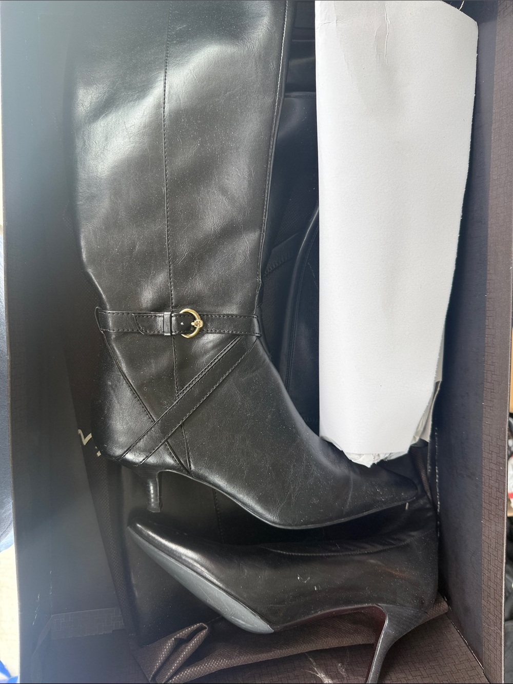 Cole Haan Black Leather Knee-High Heel Boots with Gold Buckle